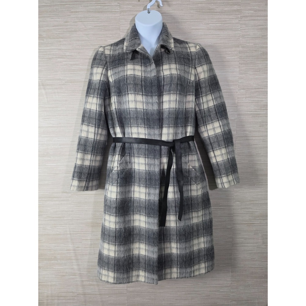 Kenneth Cole NY Trench Coat Womens Large Gray Cream Plaid Wool Blend Tie Waist